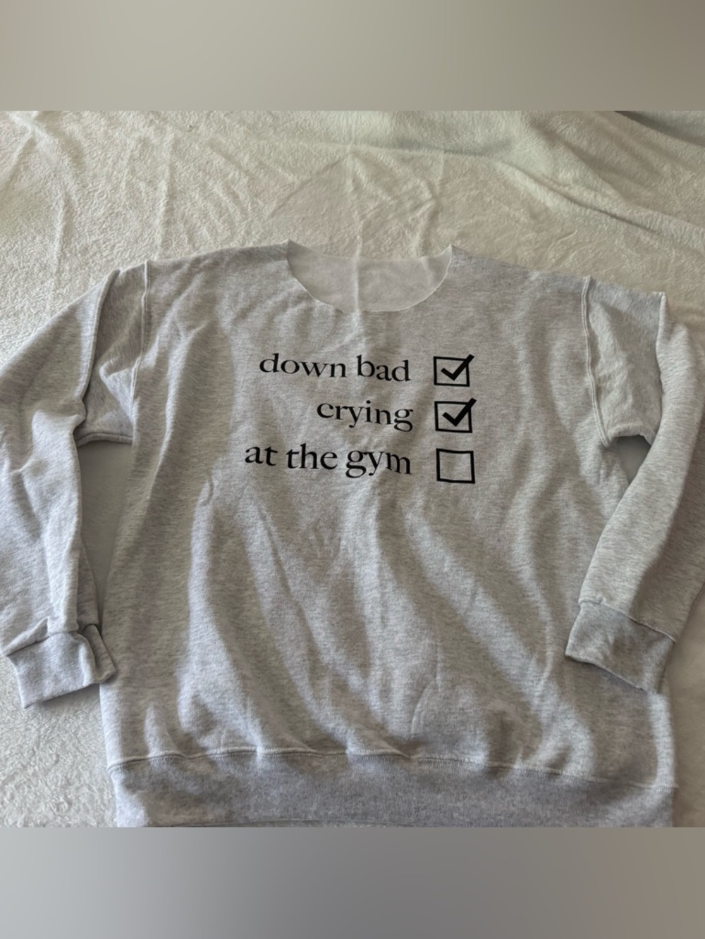 New Down Bad Crying At The Gym Pullover Heather Grey Sweatshirt XL NWOT